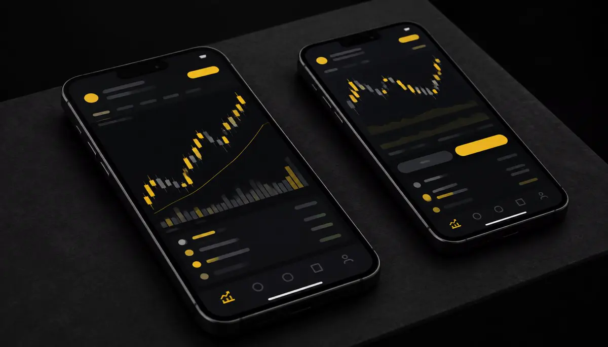 Two smartphones showing a dark trading app with yellow accents