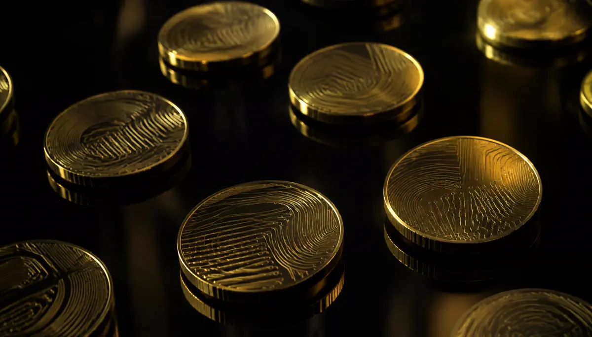 Abstract gold coins with circuit patterns on black glass