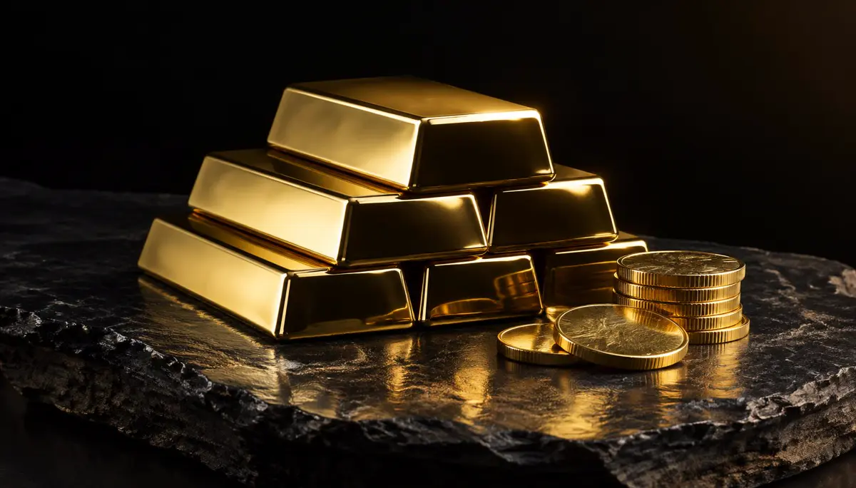 Stack of gold bars and coins on dark slate