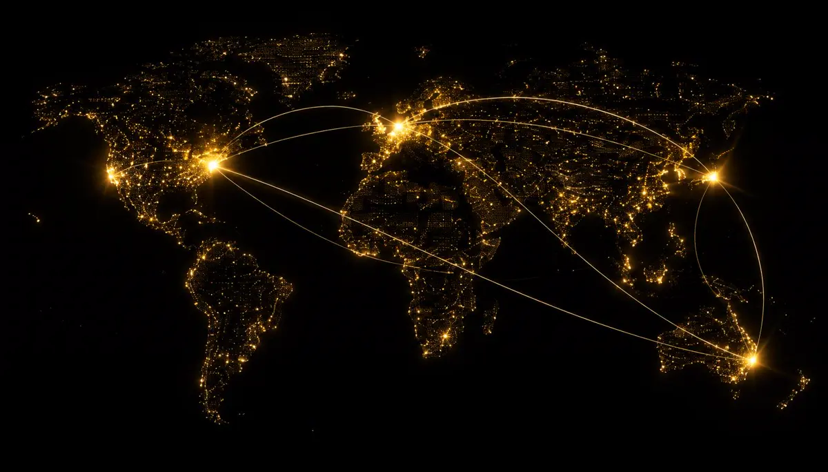 Glowing world map with connected financial centres